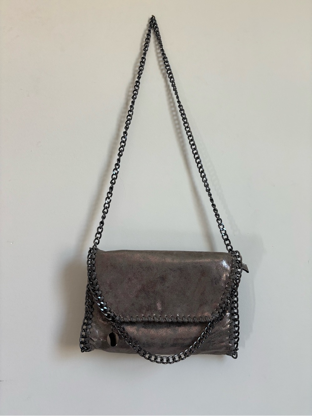 Metallic pewter Falabella style crossbody bag chain trim shoulder bag small